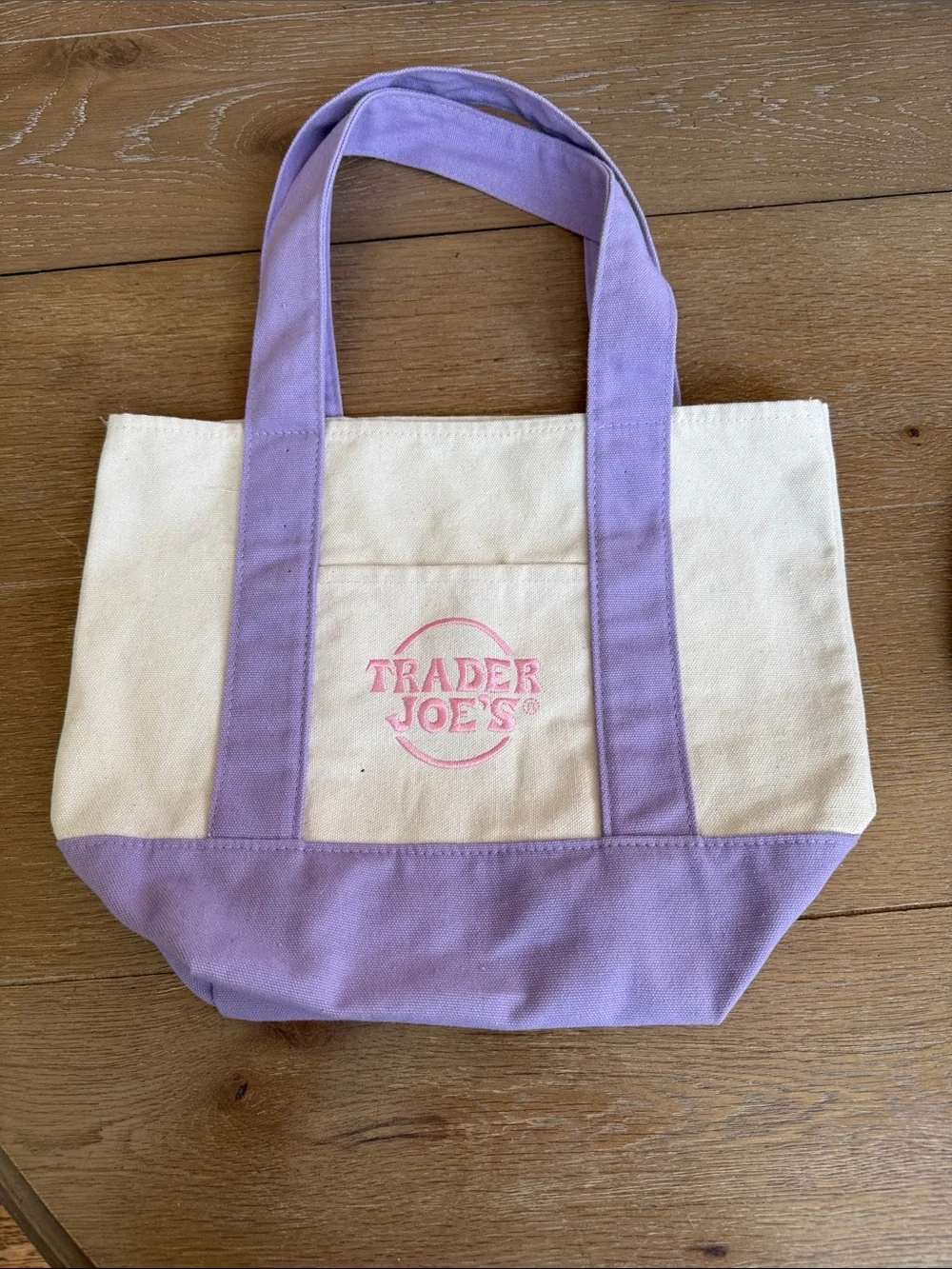 Trader Joe’s mini Lilac and Cream Canvas Tote Bag with Pink Logo